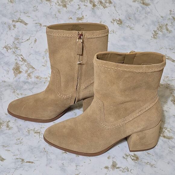 Vince Camuto Suede Ankle Boots Womens 9 1/2 M Pailey Camel Tan Block Heel Zip - Picture 3 of 11